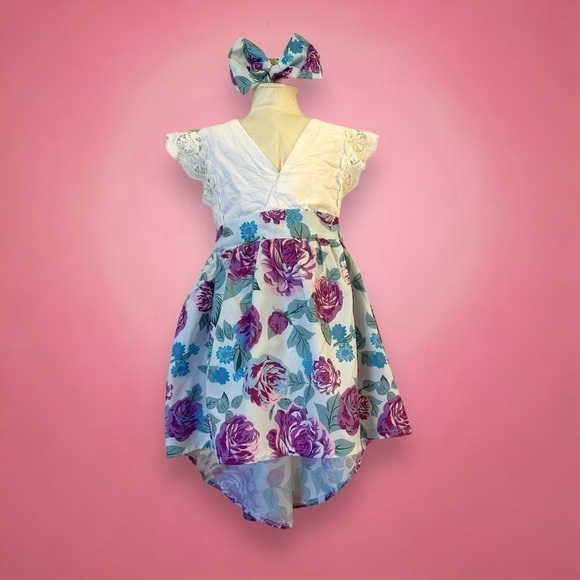 Girl high low dress v neck with floral skirt and crochet accents‎ size 24… - Picture 6 of 12